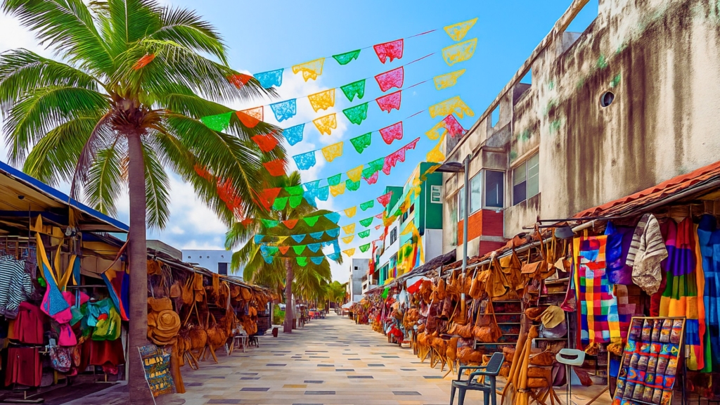 Tourists walking along 5th Avenue in Playa del Carmen lined with shops and palm trees.