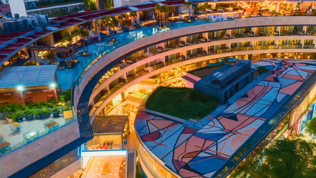 Street view of Quinta Avenida at night with lights and restaurants open.