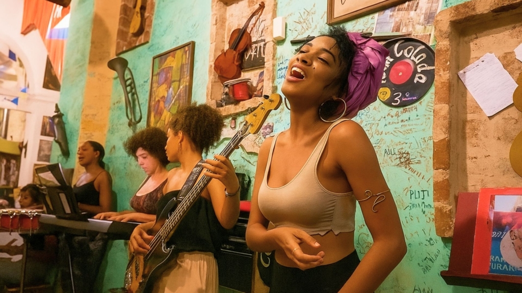 Street musicians performing on Quinta Avenida surrounded by tourists.
