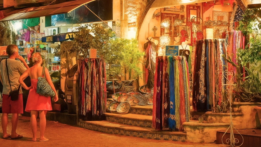 Family walking on 5th Avenue in Playa del Carmen during the day.
