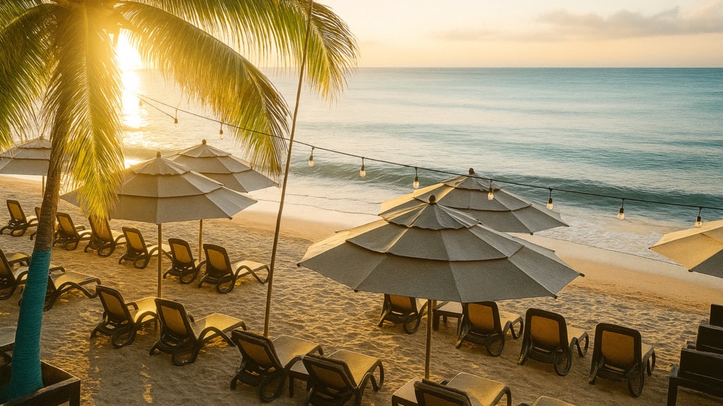 Beach club in Playa del Carmen with loungers, cocktails, and Caribbean view