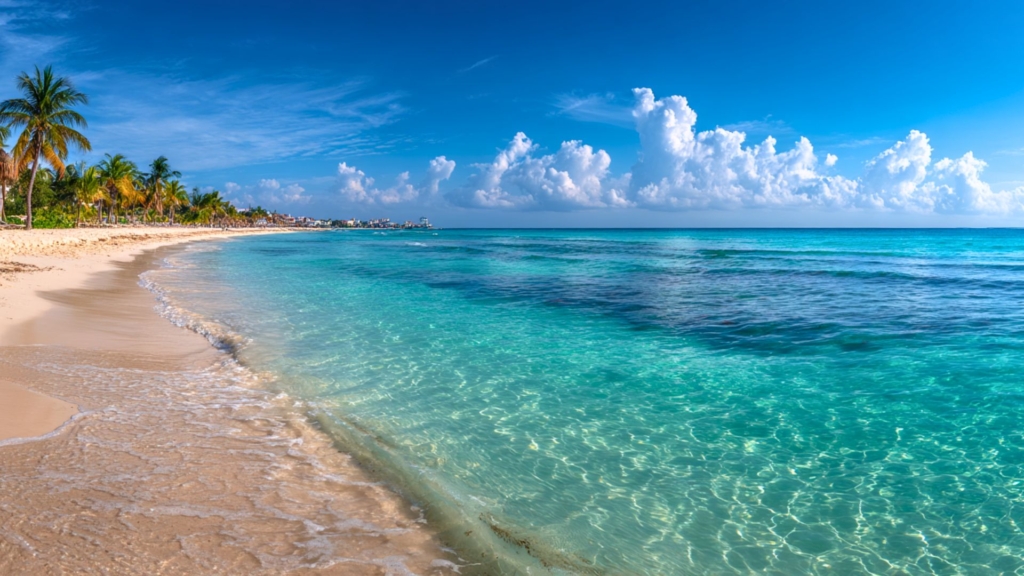 Calm shallow beach in Playa del Carmen, ideal for senior travelers to relax and swim safely.