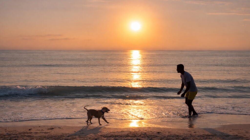 Small dog on the beach during sunrise at Playa 72.