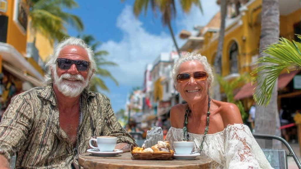 Senior traveler enjoying morning coffee on a shaded terrace near 5th Avenue, Playa del Carmen.