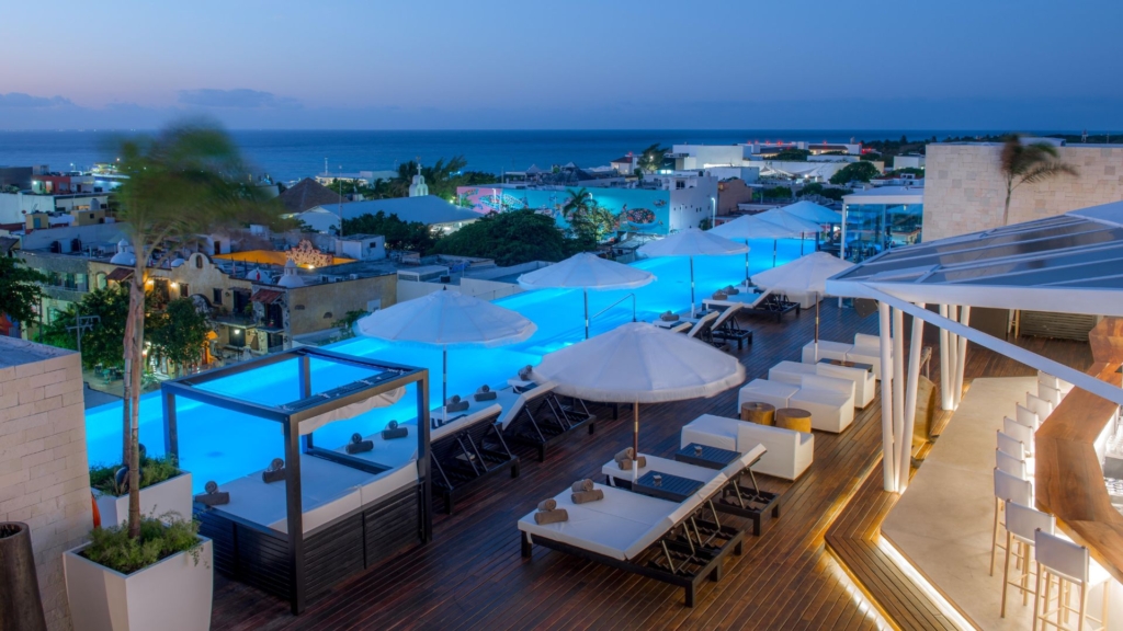 Elegant Christmas dinner on a rooftop restaurant in Playa del Carmen.
